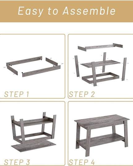 Coffee Table for Living Room, 2-Tier Coffee Table with Storage Shelf, Living Room Table Rectangular Center Table, Farmhouse Wood Coffee Table, Modern TV Stand for Small Spaces, Easy Assembly, Gray - LeafyLoom