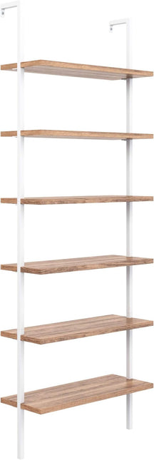 Nathan James Theo 6-Shelf Tall Bookcase, Wall Mount Bookshelf with Natural Wood Finish and Industrial Metal Frame, Rustic Oak/White - LeafyLoom