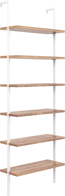 Nathan James Theo 6-Shelf Tall Bookcase, Wall Mount Bookshelf with Natural Wood Finish and Industrial Metal Frame, Rustic Oak/White - LeafyLoom