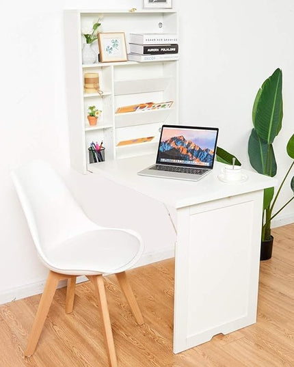 LUARANE Wall Mounted Table, Foldable Multiple-purpose Desk, Fold Out Wood Convertible Writing Desk Bookshelf Cabinet, Large Storage Space, Ideal for Home Office Study (White) - LeafyLoom