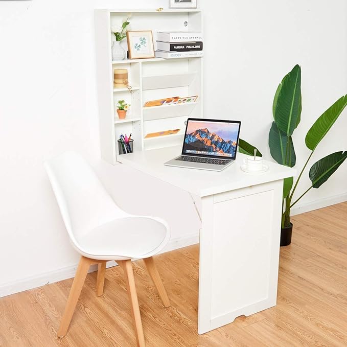 LUARANE Wall Mounted Table, Foldable Multiple-purpose Desk, Fold Out Wood Convertible Writing Desk Bookshelf Cabinet, Large Storage Space, Ideal for Home Office Study (White) - LeafyLoom