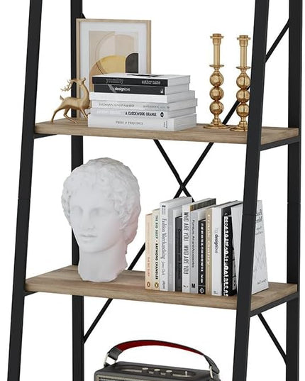 BON AUGURE Farmhouse Ladder Shelf Bookcase, 4 Tier Rustic Ladder Bookshelf, Standing Leaning Book Shelves for Living Room (Vintage Oak) - LeafyLoom