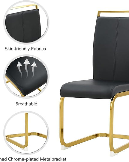 Modern Dining Chairs Set of 4,High Back Black Kitchen Chairs,Faux Leather Side Chair with Gold Plated Metal Legs,Easy to Clean Upholstered Dining Chairs,Ideal for Living Room(Gold Leg) - LeafyLoom