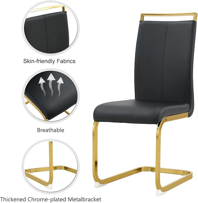 Modern Dining Chairs Set of 4,High Back Black Kitchen Chairs,Faux Leather Side Chair with Gold Plated Metal Legs,Easy to Clean Upholstered Dining Chairs,Ideal for Living Room(Gold Leg) - LeafyLoom