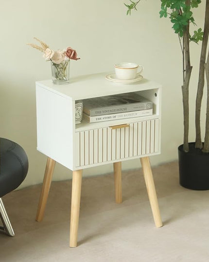 MaxSmeo White Nightstand, Mid Century Modern Nightstand, Small Bedside Table End Table for Bedroom with 2-Tier Storage, White - LeafyLoom