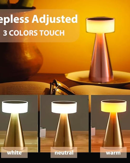 Portable Metal LED Table Lamp, Cordless Metal Desk Lamp, Touch Control Rechargeable Lamp,3-Levels Brightness Room Decor Desk Lamp,Bedside Lamp,Dining Room Lamp (Rose Gold) - LeafyLoom