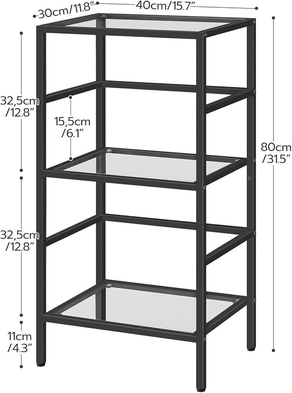 HOOBRO 3-Tier Bookcase, Tempered Glass Bookshelves, Record Storage Rack with Side Fence, Storage Shelves for Bathroom, Slim Shelving Unit for for Living Room, Home Office, Black BK81CJ01 - LeafyLoom