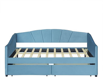 Twin Size Upholstered Daybed with Two Drawers, Wood Slat Support Sofa Bed with Armrest, No Box Spring Needed, Easy to Assemble, for Studio, Bedroom, Living, Guest Room, Blue - LeafyLoom