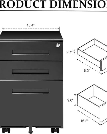 3-Drawer Mobile File Cabinets Rolling Metal Filing Cabinet for Legal & Letter File Anti-tilt Design with Lock Under Desk Office Drawers Fully Assembled Except Casters Black(Style 3) - LeafyLoom
