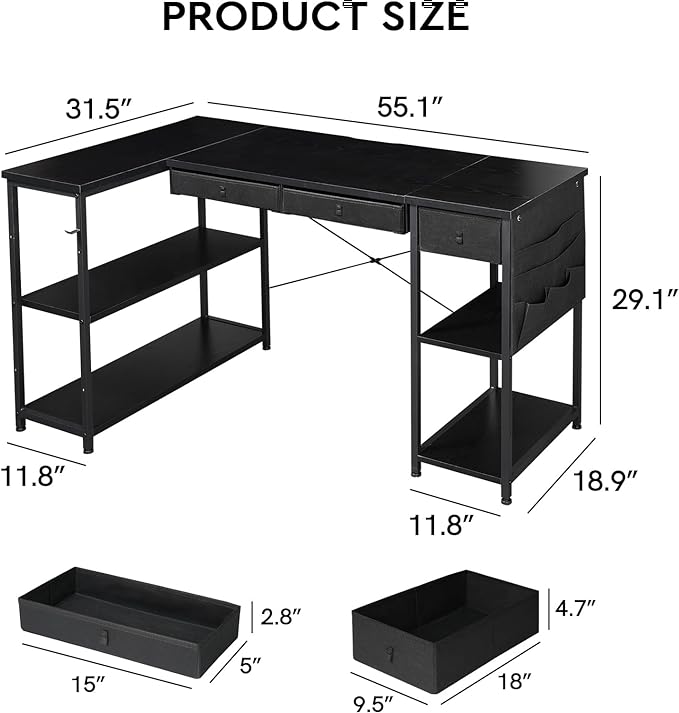 Ｍａｉｈａｉｌ Home Office Desk with Drawers and Shelves, 55” Computer Corner Desk for Small Space, Small L Shaped Desk with Side Storage for Bedroom, Black - LeafyLoom