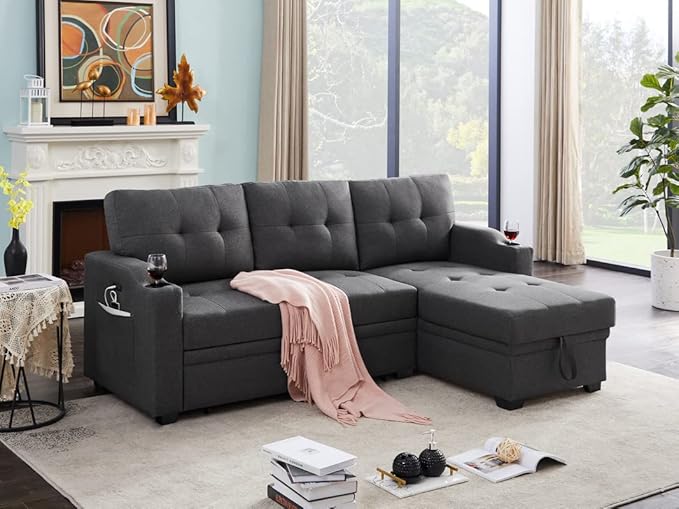 Reversible L-Shaped Sectional Sofa with Storage Chaise, Linen Convertible Pull Out Sleeper Couch Bed w/Cup Holder, USB Charging Port, Side Pocket, Dark Gray, 83 - LeafyLoom