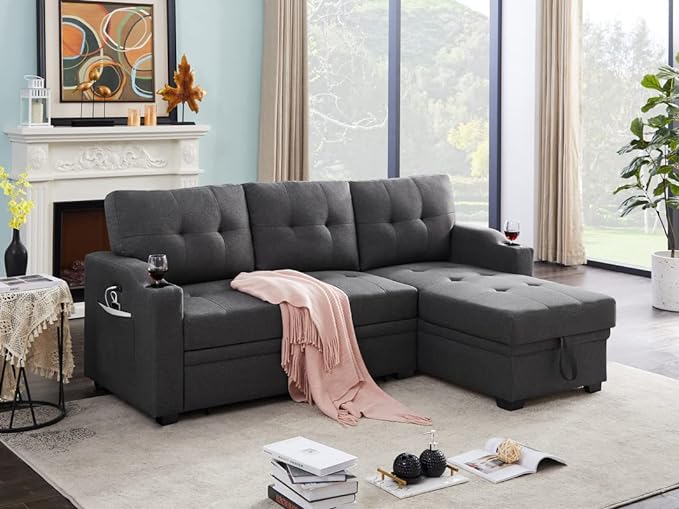83 Inch Convertible L Shaped Sleeper Sectional Sofa Linen with Storage Chaise, Pull Out Bed, Cup Holder, USB Charging Port, Side Pocket, Reversible Corner Couch Design, 83inch, Black - LeafyLoom