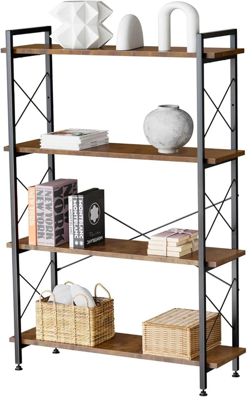 Industrial Bookshelf,Rustic Open Shelf Bookcase,4 Tier Book Shelf for Bedroom Office Living Room,Small Bookshelf for Small Spaces with Metal Frame - LeafyLoom