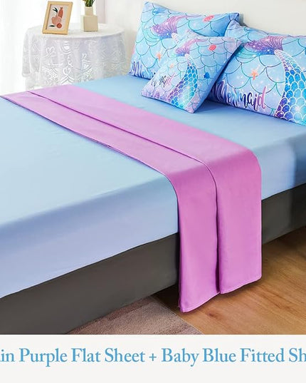 URBONUR Mermaid Tail Bedding Set Queen Size, 6Pcs Fish Scales Print Bed in a Bag Girls Queen Comforter Set, Ombre Aqua Blue Teal Pink Purple Bed Sets for Girls Bedroom Decor - LeafyLoom