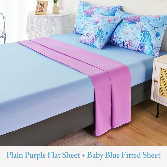 URBONUR Mermaid Tail Bedding Set Queen Size, 6Pcs Fish Scales Print Bed in a Bag Girls Queen Comforter Set, Ombre Aqua Blue Teal Pink Purple Bed Sets for Girls Bedroom Decor - LeafyLoom