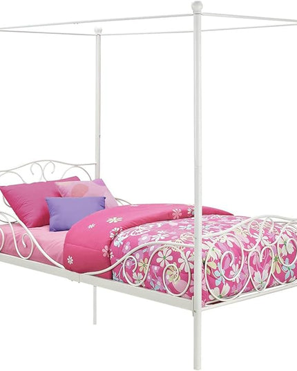 DHP Metal Canopy Kids Platform Bed with Four Poster Design, Scrollwork Headboard and Footboard, Underbed Storage Space, No Box Sring Needed, Twin, White - LeafyLoom