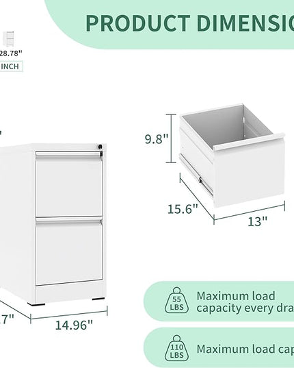 2 Drawer File Cabinet with Lock, Metal Vertical Filing Cabinets for Home Office, Steel Storage Cabinet for Hanging Legal/Letter Size Files, Assembly Required (White) - LeafyLoom