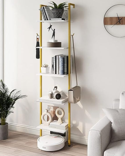 Modern Bookshelf Wall Mounted 5-Tiers Ladder Shelf Gold and White Wooden Bookcase Narrow Thin Bookshelf Open Display Storage Rack for Living Room Bedroom Home Office - LeafyLoom