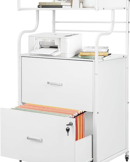 Vertical File Cabinet, 2 Drawer Mobile Filing Cabinet with 1 Bookshelf, Printer Stand with Open Storage Shelves Fits A4/Letter/Legal Size File Cabinets for Home Office Organizer, White - LeafyLoom