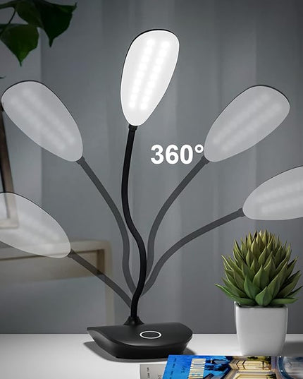DEEPLITE Battery Operated Desk Lamp, LED Desk Light 3 Lighting Modes Stepless Dimming, Table Lamp 5W Touch Control Eye Caring, Flexible Gooseneck, Portable Reading Light for Dorm Study Office Bedroom - LeafyLoom