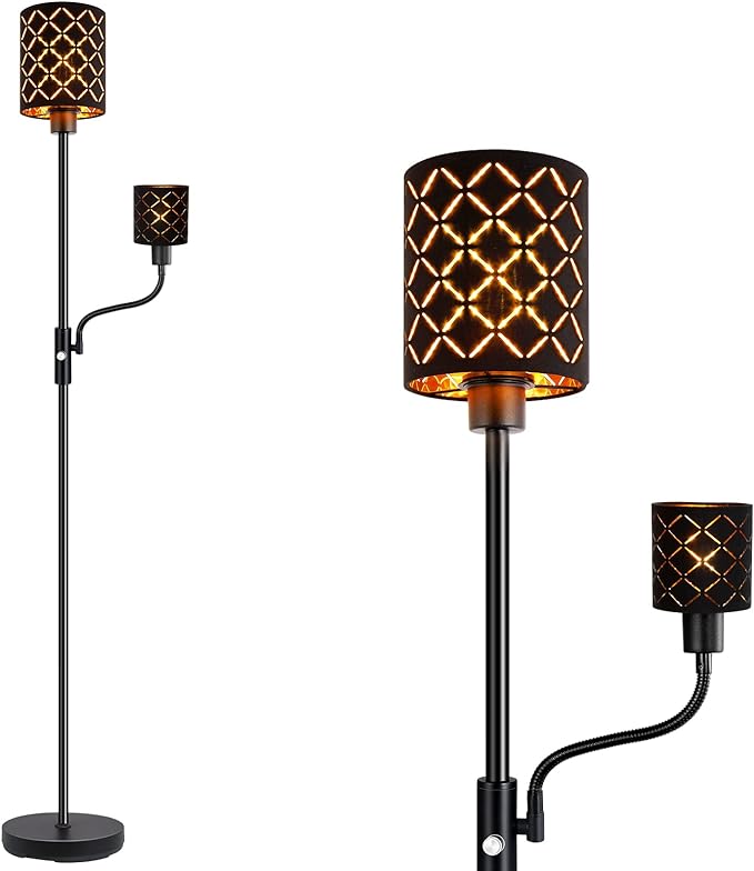 Industrial Floor Lamps for Living Room, Modern Torchiere Standing Lamp with Reading Light for Bedroom, Farmhouse Floor Lamp with Decorative Lampshade, Metal Tall Stand up Lamp, Vintage Pole Lamp Black - LeafyLoom