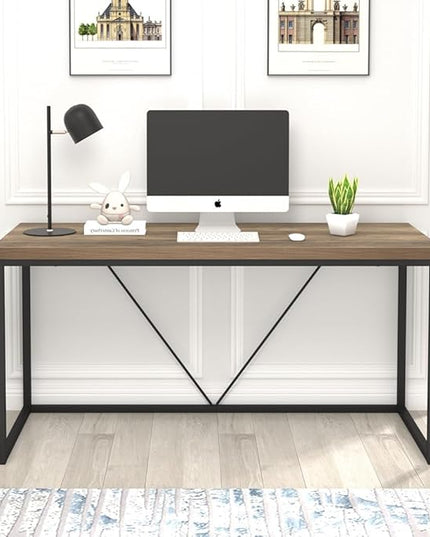 FOLUBAN Industrial Computer Desk, Rustic Wood and Metal Writing Desk, Vintage PC Table for Home Office, Oak 60 inch - LeafyLoom