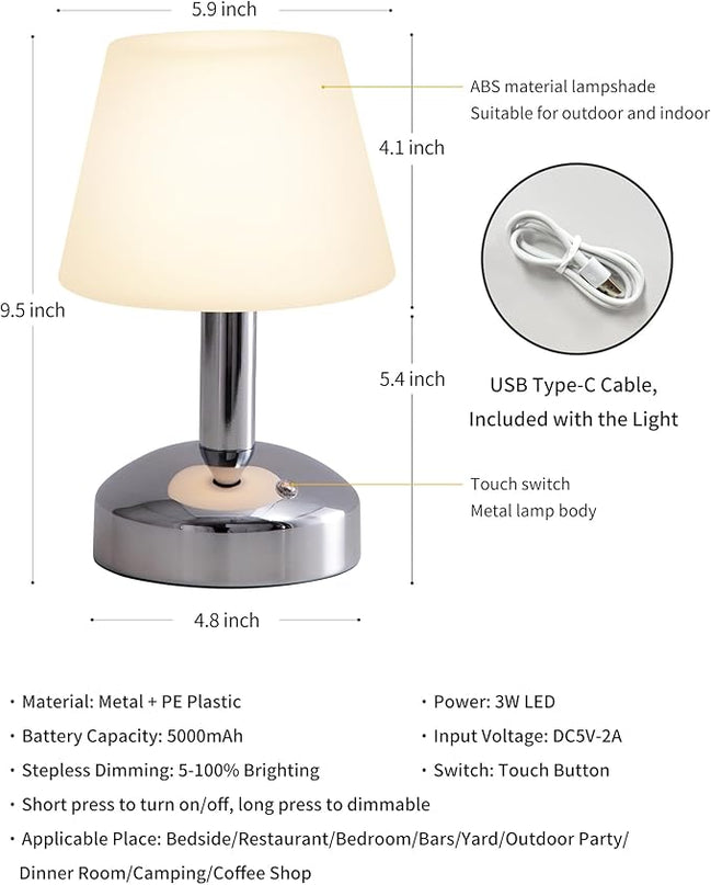 KDG Modern Cordless Small Table Lamps, Portable LED Dimmable Desk Lamp, 5000mAh Rechargeable Battery Operated Lighting for Restaurant, Bedroom, Bedside, Bar, Outdoor, Camping, Night Light(Silver) - LeafyLoom