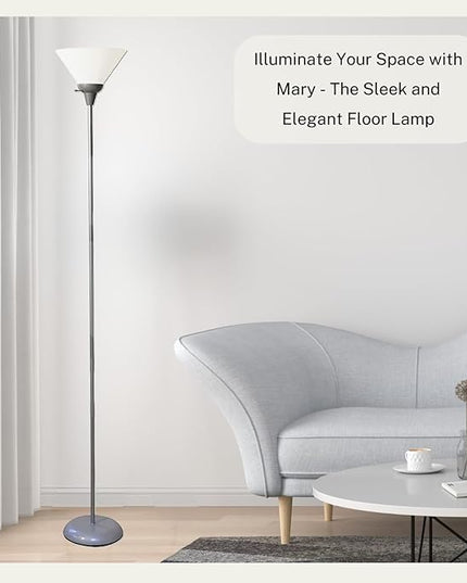 Stand Up Floor Lamp in Silver - Stylish and Functional Torchiere with Opal White Cone Shade, 70-Inch Tall Lamp Ideal for Living Rooms and Bedrooms - Contemporary Floor Lamps for Living Room - LeafyLoom