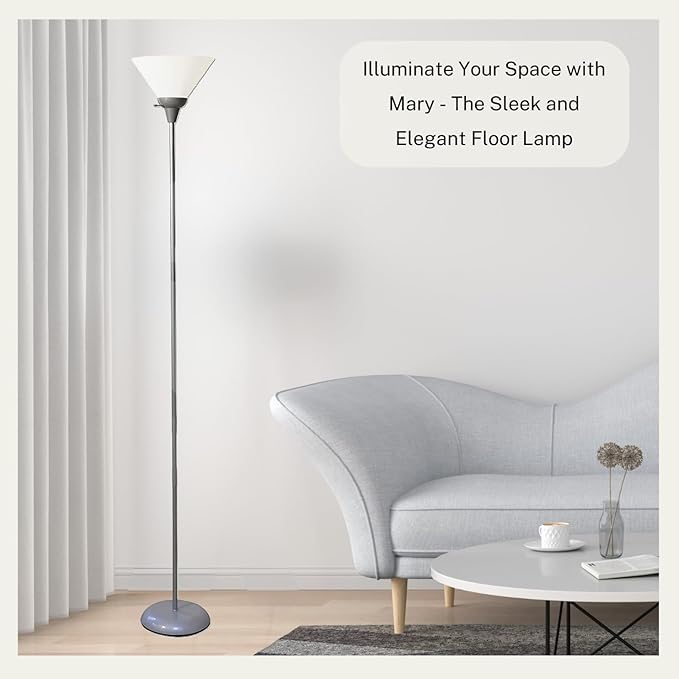 Stand Up Floor Lamp in Silver - Stylish and Functional Torchiere with Opal White Cone Shade, 70-Inch Tall Lamp Ideal for Living Rooms and Bedrooms - Contemporary Floor Lamps for Living Room - LeafyLoom