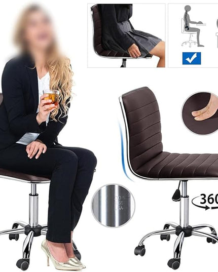 Yaheetech Task Chair Armless Office Chair PU Leather Ribbed Modern Desk Chair Adjustable Low-Back Swivel Chair w/Rolling Wheels Comfy Working Chair Makeup Chair, Brown - LeafyLoom