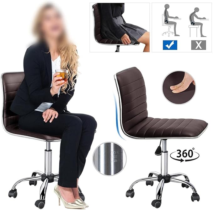 Yaheetech Task Chair Armless Office Chair PU Leather Ribbed Modern Desk Chair Adjustable Low-Back Swivel Chair w/Rolling Wheels Comfy Working Chair Makeup Chair, Brown - LeafyLoom