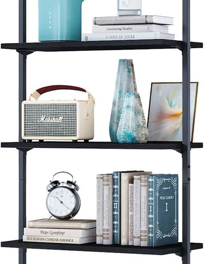 ODK 5-Tier Ladder Shelf, 74 Inches Wall Mounted Ladder Bookshelf with Metal Frame, Open Industrial Shelves for Home Office, Bedroom and Living Room, Black - LeafyLoom