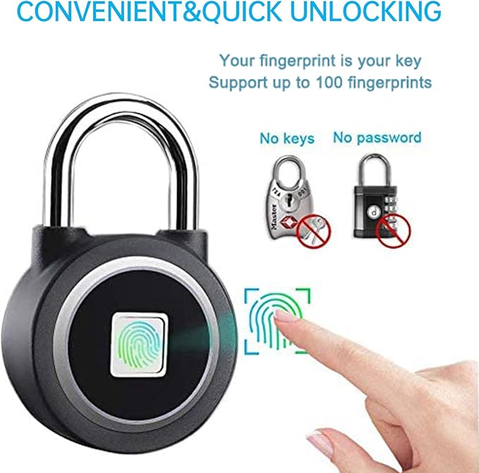 Fingerprint Padlock, Bluetooth Lock, Mobile APP, MEGAFEIS Smart Padlock with Keyless Biometric, Water Resistant, Suitable for Gym, Sports, Bike, School, Fence and Storage(Black) MEGAFEIS