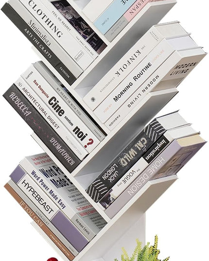 8 Tier Tree Bookshelf with Drawer, Free Standing Wood Bookcase for Living Room, Bedroom, Home Office, Space Saving Storage Organizer Bookshelves for Books, CDs, Vinyl Records- White - LeafyLoom