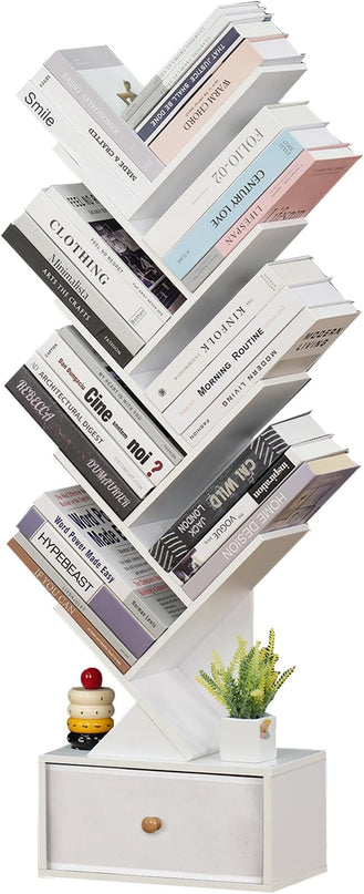 8 Tier Tree Bookshelf with Drawer, Free Standing Wood Bookcase for Living Room, Bedroom, Home Office, Space Saving Storage Organizer Bookshelves for Books, CDs, Vinyl Records- White - LeafyLoom