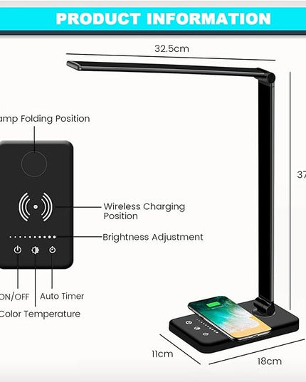 LED Desk Lamp with Wireless Charger, USB Charging Port, 10 Brightness, 5 Color Modes, Desk Lamps for Home Office, Dimmable Table Lamp Eye Caring Reading Light, Touch Control, Auto Timer, Black - LeafyLoom