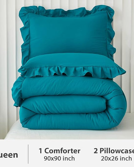 Andency Turquoise Queen Comforter Set(90x90Inch), 3 Pieces(1 Ruffle Comforter and 2 Pillowcases) Solid All Season Comforter Sets for Queen Bed, Lightweight and Fluffy Soft Microfiber Bedding Set - LeafyLoom