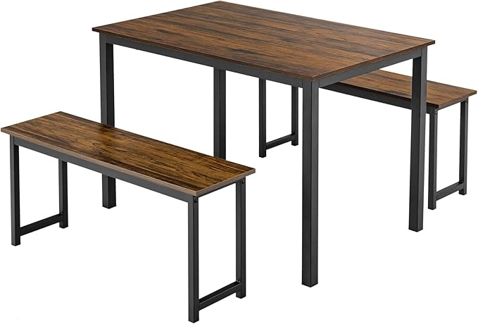 KOTEK Dining Table Set for 4, Modern Kitchen Table Set with 2 Benches, 3 Piece Dining Table and Bench Set for Small Space, 4-Person Dinette Set for Kitchen, Dining Room (Brown) - LeafyLoom