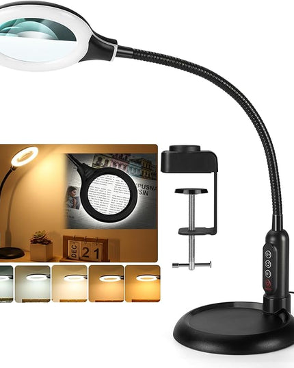 2-in-1 10X Magnifying Glass with Light and Stand, 5 Color Modes Stepless Dimmable LED Magnifying Clamp Lamp, Desk Lighted Magnifier Hands Free for Craft Close Work Sewing Painting Hobby, Black - LeafyLoom