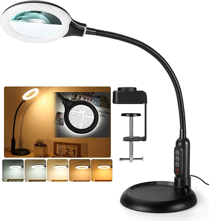 2-in-1 10X Magnifying Glass with Light and Stand, 5 Color Modes Stepless Dimmable LED Magnifying Clamp Lamp, Desk Lighted Magnifier Hands Free for Craft Close Work Sewing Painting Hobby, Black - LeafyLoom