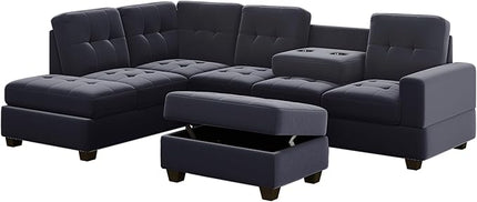 122.1" Modern U-Shape Sectional Sofa with Right Side Chaise & Removable Ottoman, Velvet Upholstered Couch w/ 3 Pillows, for Living Room, Apartment, 112 Inch, Balck - LeafyLoom