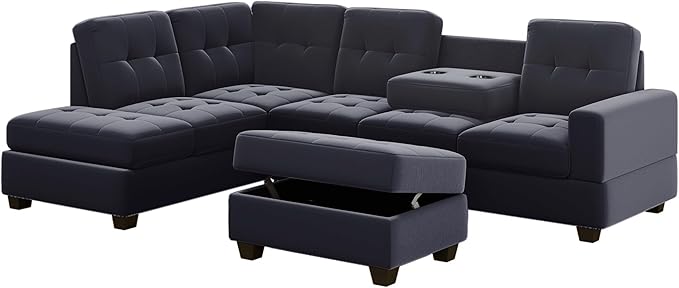 122.1" Modern U-Shape Sectional Sofa with Right Side Chaise & Removable Ottoman, Velvet Upholstered Couch w/ 3 Pillows, for Living Room, Apartment, 112 Inch, Balck - LeafyLoom