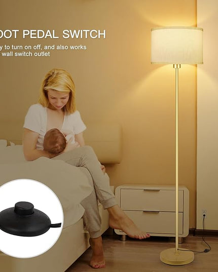 BoostArea Floor Lamp Standing Lamp Gold, 59" Tall Lamps for Living Room, Simple Pole Lamp with White Shade, On/Off Foot Pedal, Bright Dimming Lamp for Kids Room Bedroom Office Decor(9W Bulb Included) - LeafyLoom