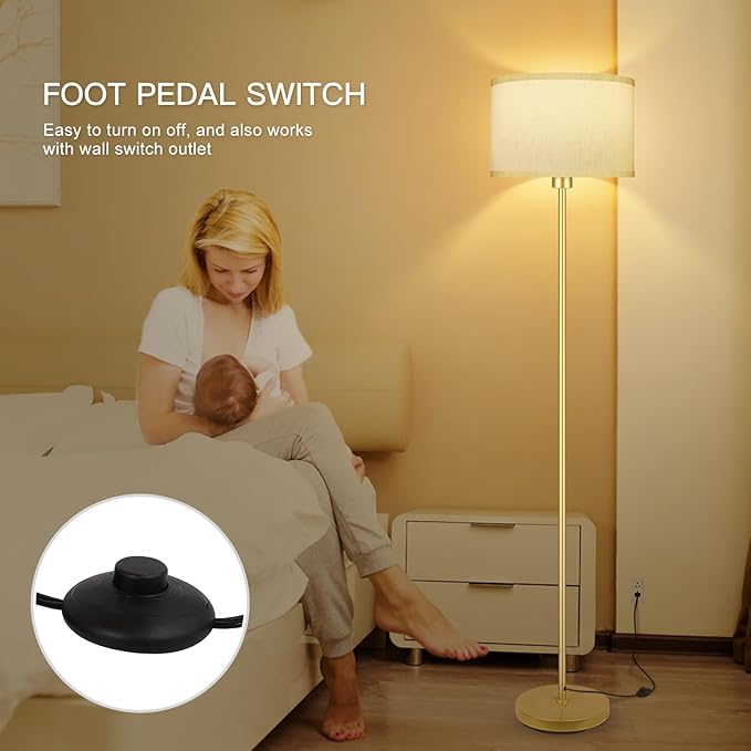 BoostArea Floor Lamp Standing Lamp Gold, 59" Tall Lamps for Living Room, Simple Pole Lamp with White Shade, On/Off Foot Pedal, Bright Dimming Lamp for Kids Room Bedroom Office Decor(9W Bulb Included) - LeafyLoom