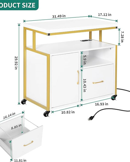 YITAHOME Wood File Cabinet with Charging Station, Rolling Filing Cabinet Cart with Door, Industrial Nightstand with Printer Shelf for Home Office, Bedroom, Living Room, Entryway, Gold and White - LeafyLoom