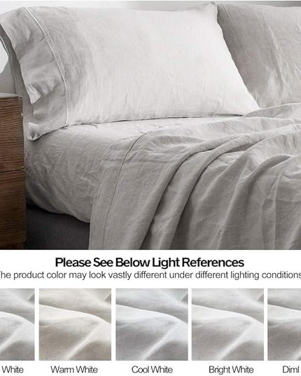 Simple&Opulence 100% Washed Linen Sheet Set-King Size-Natural France Flax Bed Sheet-4 Pcs Breathable,Ultra Soft,Farmhouse Bedding (1 Flat Sheet,1 Fitted Sheet,2 Pillowcases)-Embroidery Grey - LeafyLoom