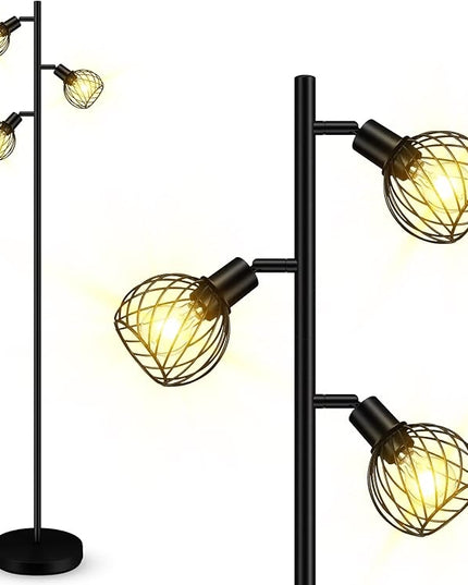Floor Lamp, Industrial Floor Lamp, Modern Standing lamp with 3 Adjustable Light, 4W E12 LED Bulbs, Metal Stand Up Lamps, Vintage Farmhouse Tree Floor Lamps for Living Room/Bedroom/Office, Black - LeafyLoom