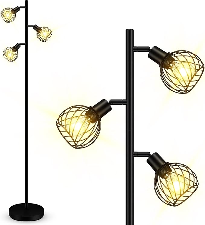 Floor Lamp, Industrial Floor Lamp, Modern Standing lamp with 3 Adjustable Light, 4W E12 LED Bulbs, Metal Stand Up Lamps, Vintage Farmhouse Tree Floor Lamps for Living Room/Bedroom/Office, Black - LeafyLoom