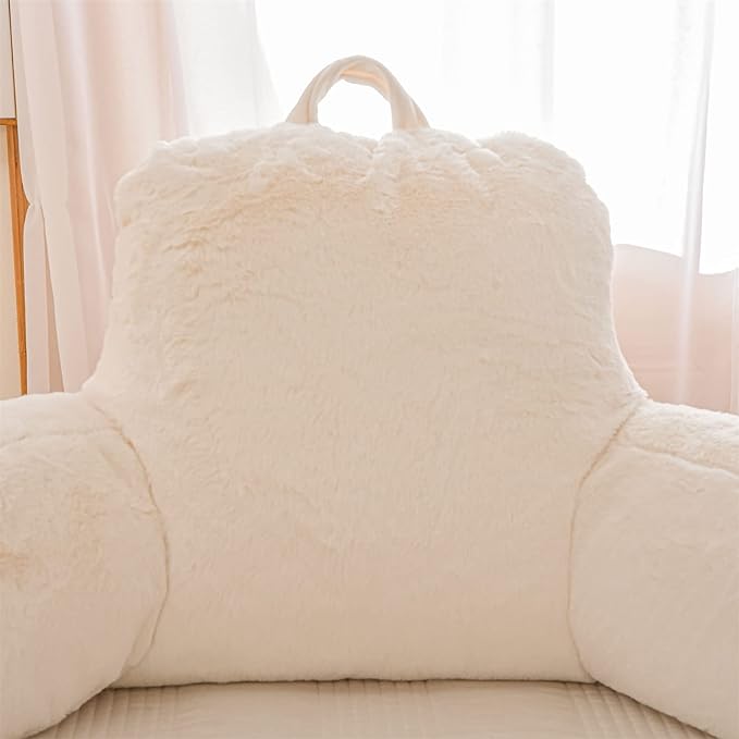 A Nice Night Faux Fur Reading Pillow Bed Wedge Large Adult Children Backrest with Arms Back Support for Sitting Up in Bed/Couch for Bedrest,Ivory - LeafyLoom