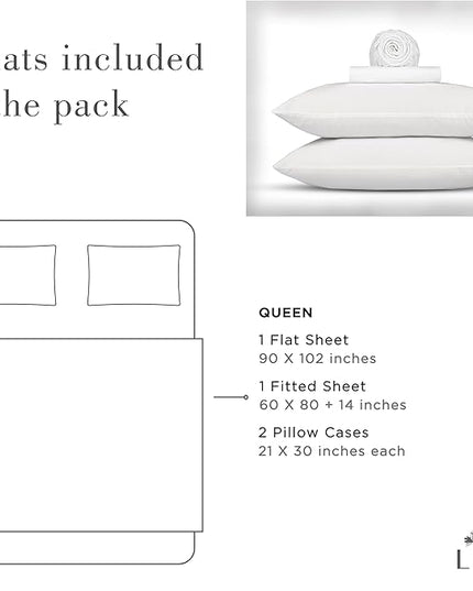 Linen Home Washed Cotton Percale Queen Sheet Set, White, Deep Pocket, 4 Pieces Bed Sheets - 1 Flat Sheet, 1 Fitted Sheet & 2 Envelope Closure Pillowcases, Cool and Comfortable Bed Linen - LeafyLoom